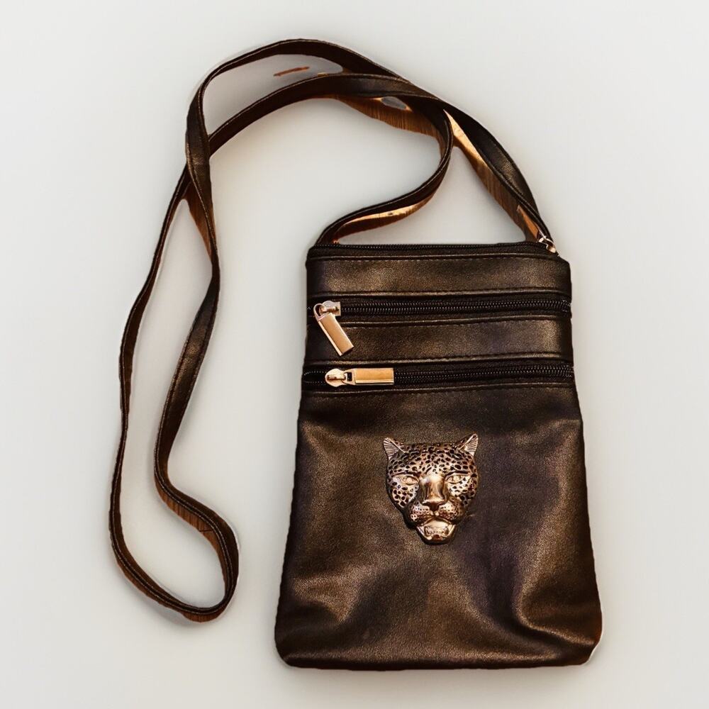 TangoBag Black Faux Leather Crossbody Purse Leopard Accent